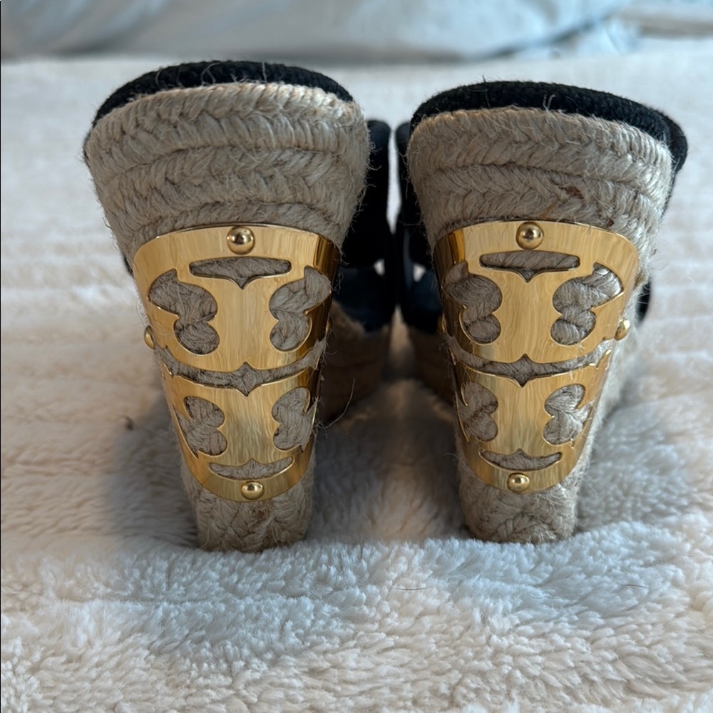 Tory Burch Black Wedge Sandals with Gold Accents